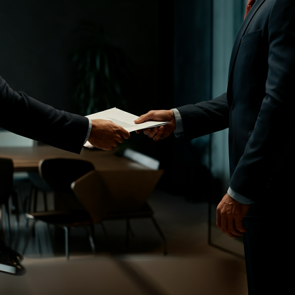 A business meeting between two people in a modern office environment. One person is handing a document to the other. The scene is professionally lit with clean lines and focuses on a sense of respectful collaboration.