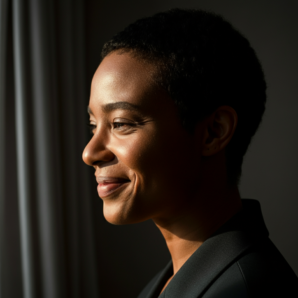 A close up shot of a person smiling gently. The lighting is soft and even, highlighting the warm texture of their skin and capturing the genuine emotion in their eyes.