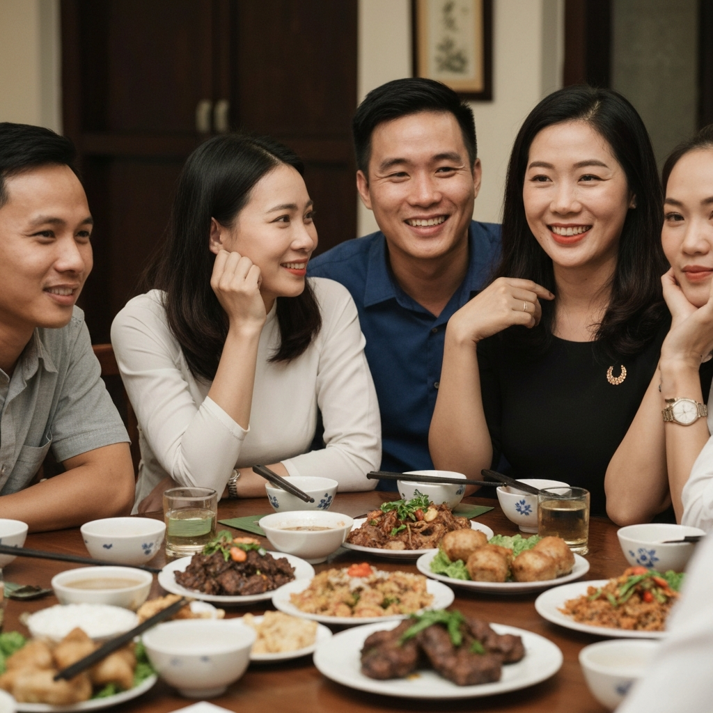 A group of Vietnamese people gathered around a table, sharing a meal. The focus is on the shared plates and the relaxed atmosphere of the scene. People are making gentle eye contact, but not staring intensely.