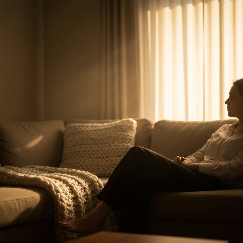 A softly lit living room. A person sits on a comfortable couch with a thick, knitted blanket. Light streams gently through sheer curtains. The scene is shot with a shallow depth of field, blurring the background. Golden hour lighting creates a warm, inviting atmosphere.