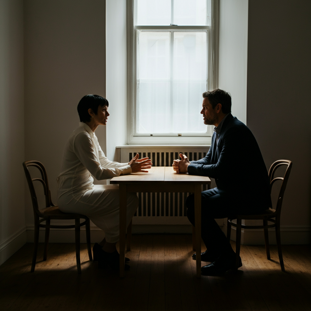 Two people sitting across from each other at a small wooden table. One person is speaking with their hands, while the other is leaning forward attentively. The scene is naturally lit from a nearby window, casting soft shadows. The focus is on their faces, conveying genuine connection.