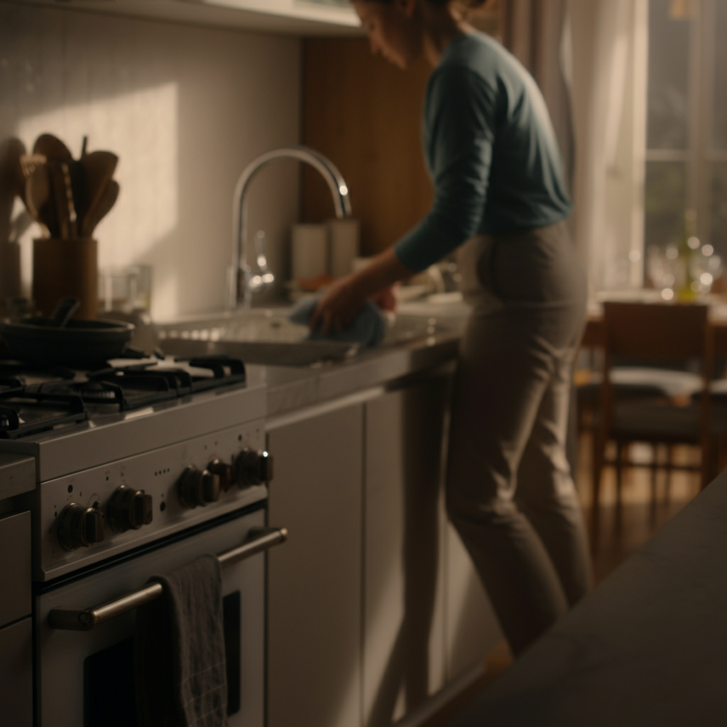 A kitchen scene. One person is washing dishes, while another is drying them. The kitchen is bright and clean, with stainless steel appliances. Soft bokeh in the background shows a blurred view of the dining area. The lighting is diffused and even.