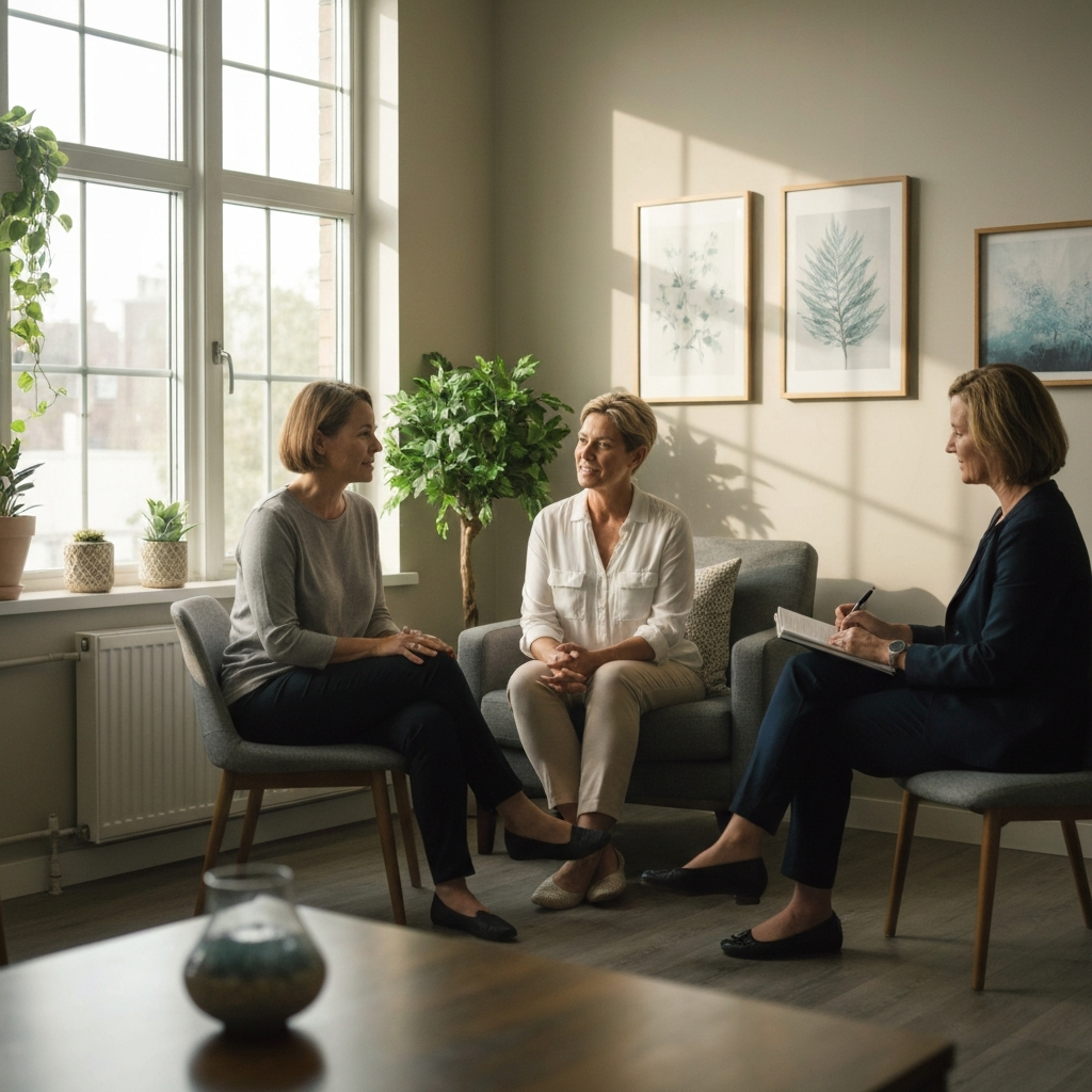 A therapist's office. A person is sitting on a comfortable chair, talking to a therapist who is taking notes. The office is decorated with calming artwork and plants. Soft, natural light streams through a window. The atmosphere is professional and supportive.