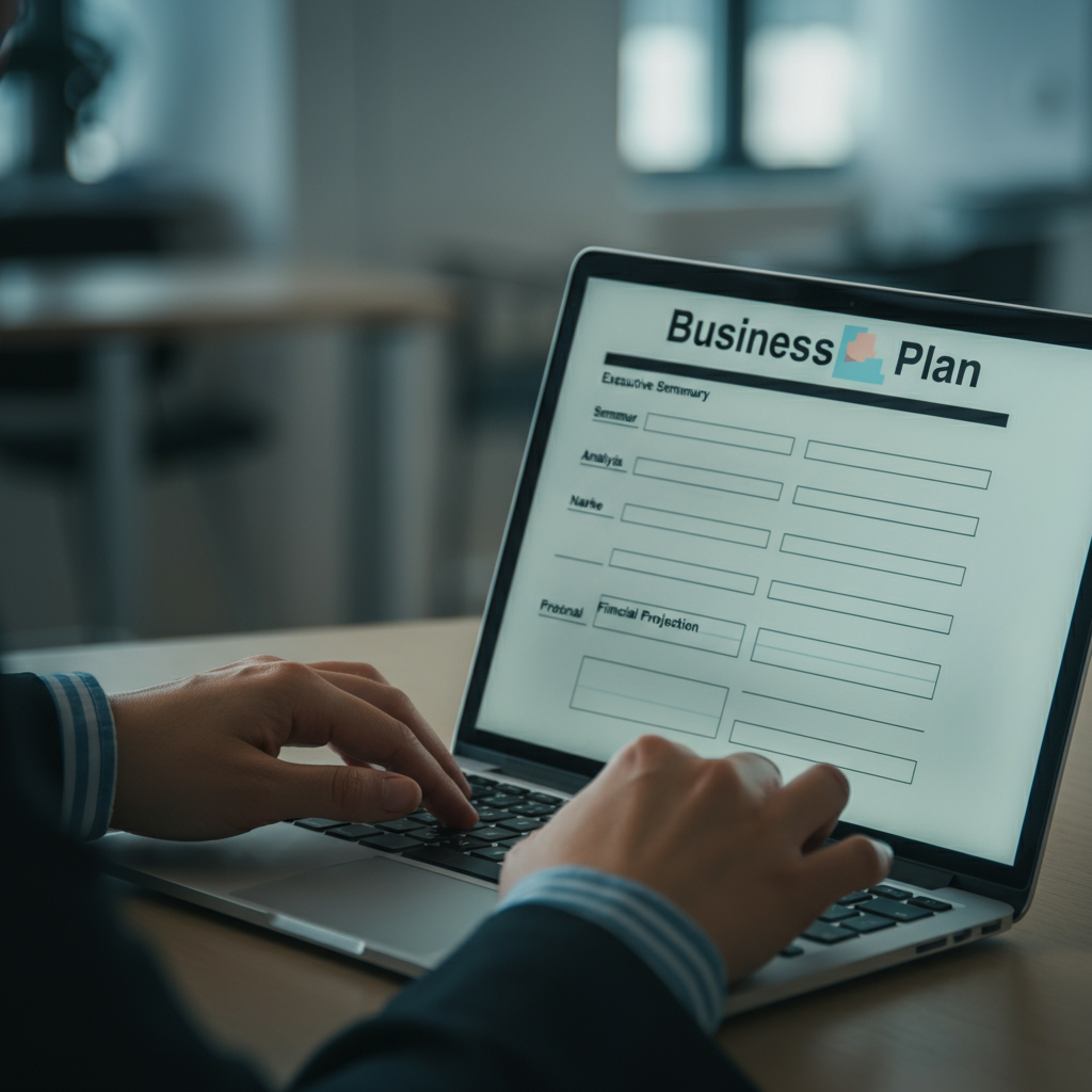 Close-up of a person's hands typing on a laptop. The screen displays a business plan document with headings like "Executive Summary," "Market Analysis," and "Financial Projections." Soft bokeh effect in the background reveals an office environment.