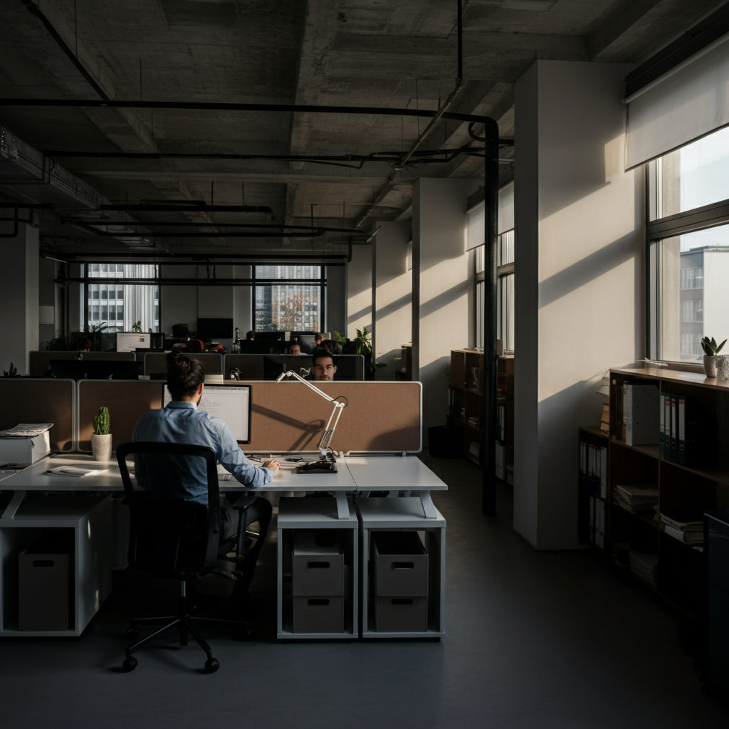 A well-organized office space with employees working at their desks. Natural light is streaming in through the windows. The atmosphere is professional and collaborative.