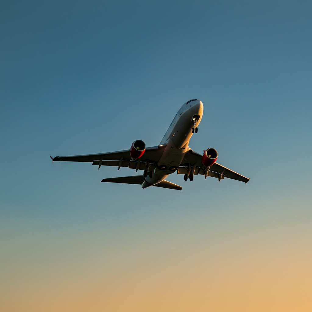 Aerial shot of an aircraft taking off against a clear blue sky during golden hour. The light is warm and soft, highlighting the aircraft's silhouette. There's a slight bokeh effect in the background.