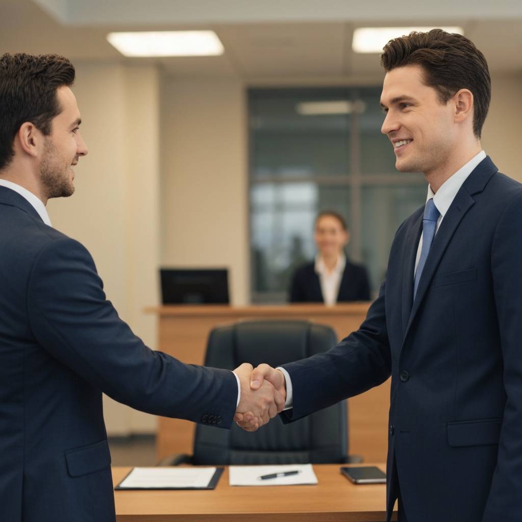 A customer shaking hands with a sales representative in a well-appointed dealership office. The lighting is warm and inviting, and the atmosphere is professional and friendly.