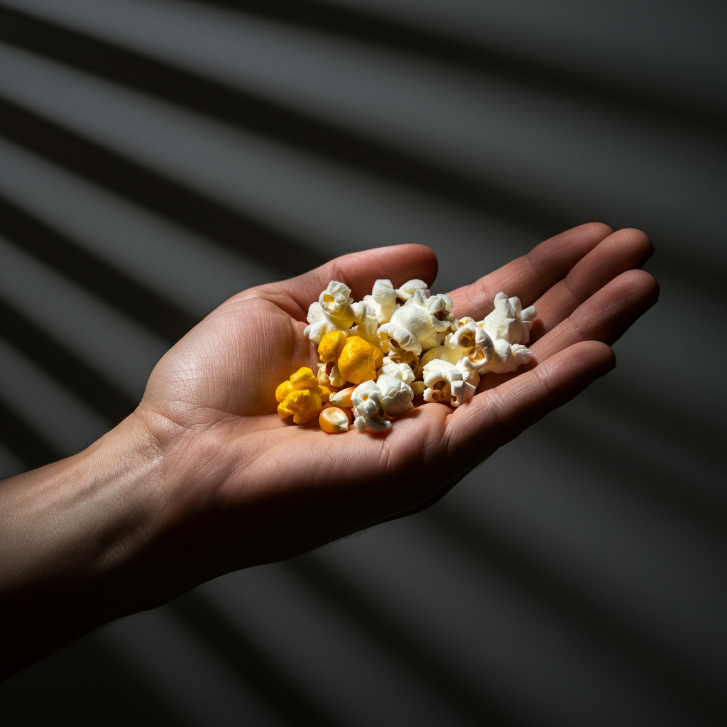 A hand holding a small handful of popcorn kernels. Some of the kernels are slightly discolored and wrinkled, contrasting with a few plump, yellow kernels. Natural lighting emphasizes the textural differences.