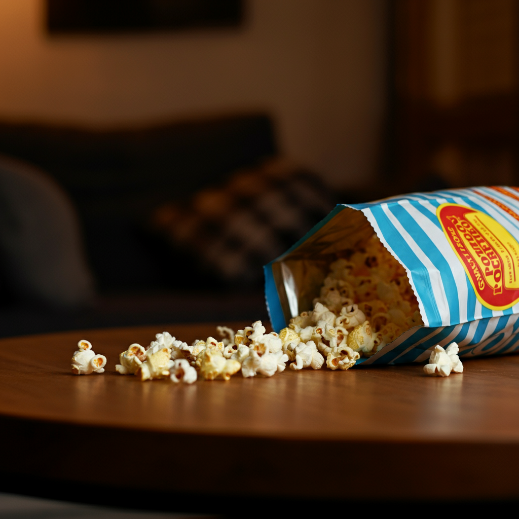 An open bag of popcorn resting on a wooden table. The popcorn is lightly buttered and salted. The background is slightly blurred, suggesting a cozy living room.