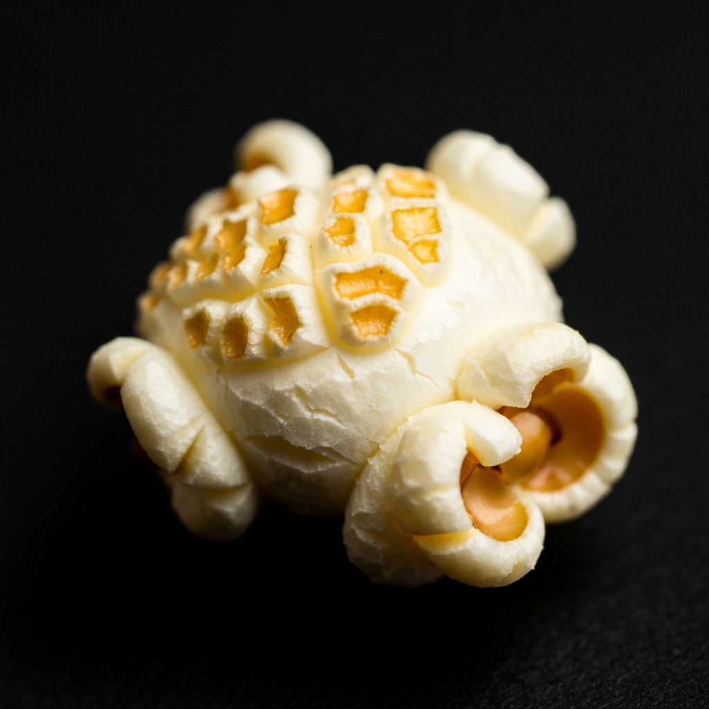 A close-up shot of a single piece of popcorn with subtle dark spots. The texture of the popcorn appears slightly soft and less airy. Soft, diffused lighting reveals the imperfections.