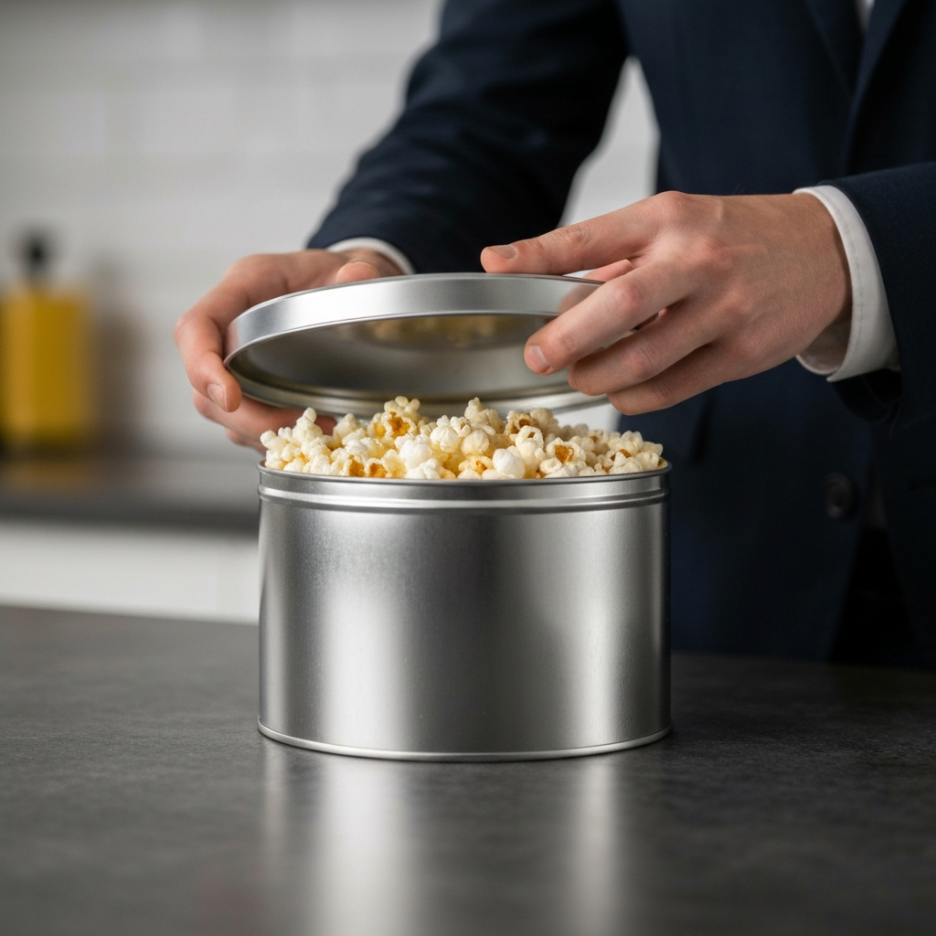 Hands closing the lid of an airtight metal tin filled with popped popcorn. The tin is clean and new, reflecting the light. A blurred kitchen countertop provides the background.