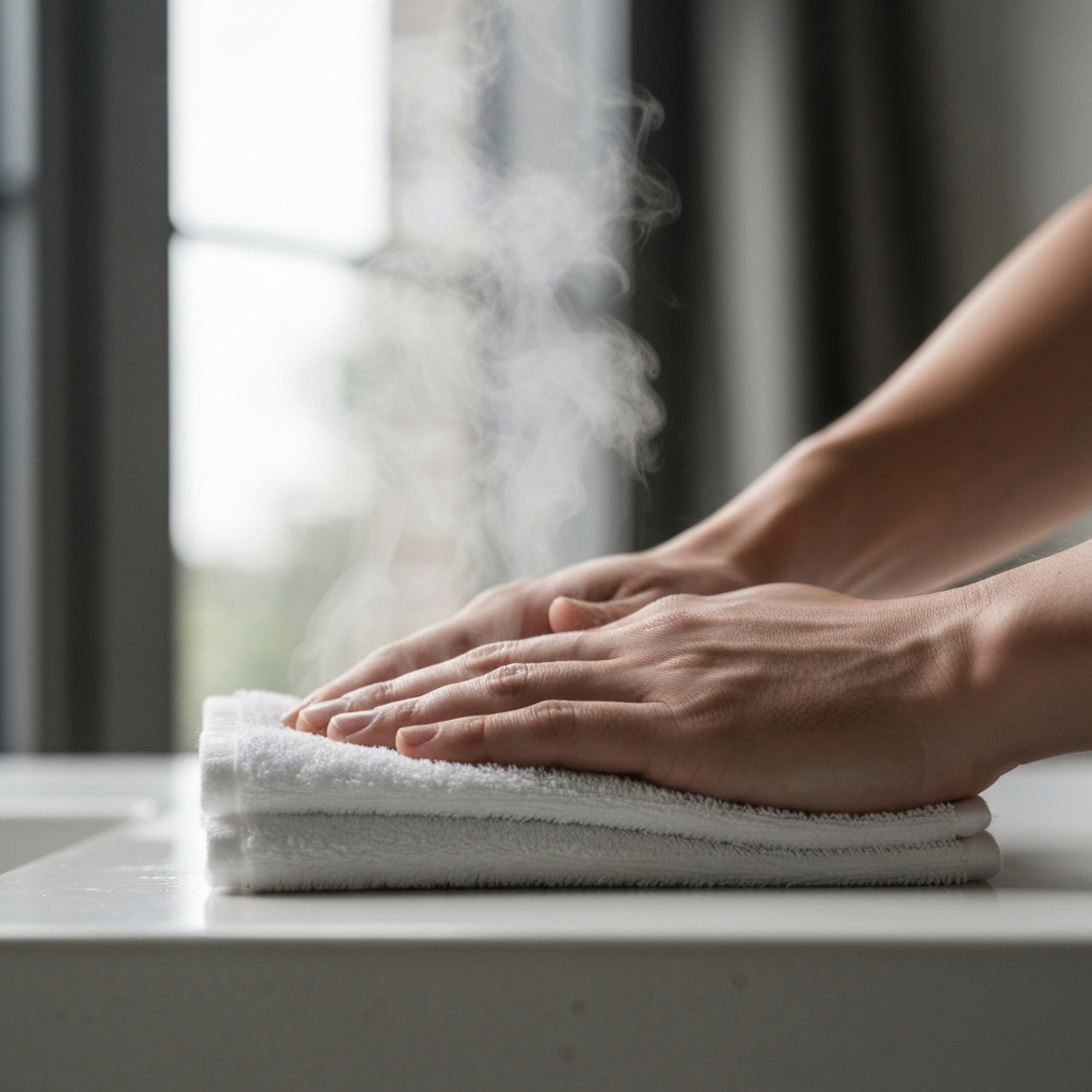 Close-up of a person's hand gently pressing a warm, damp washcloth against skin. Focus on the steam rising from the cloth and the soft texture.