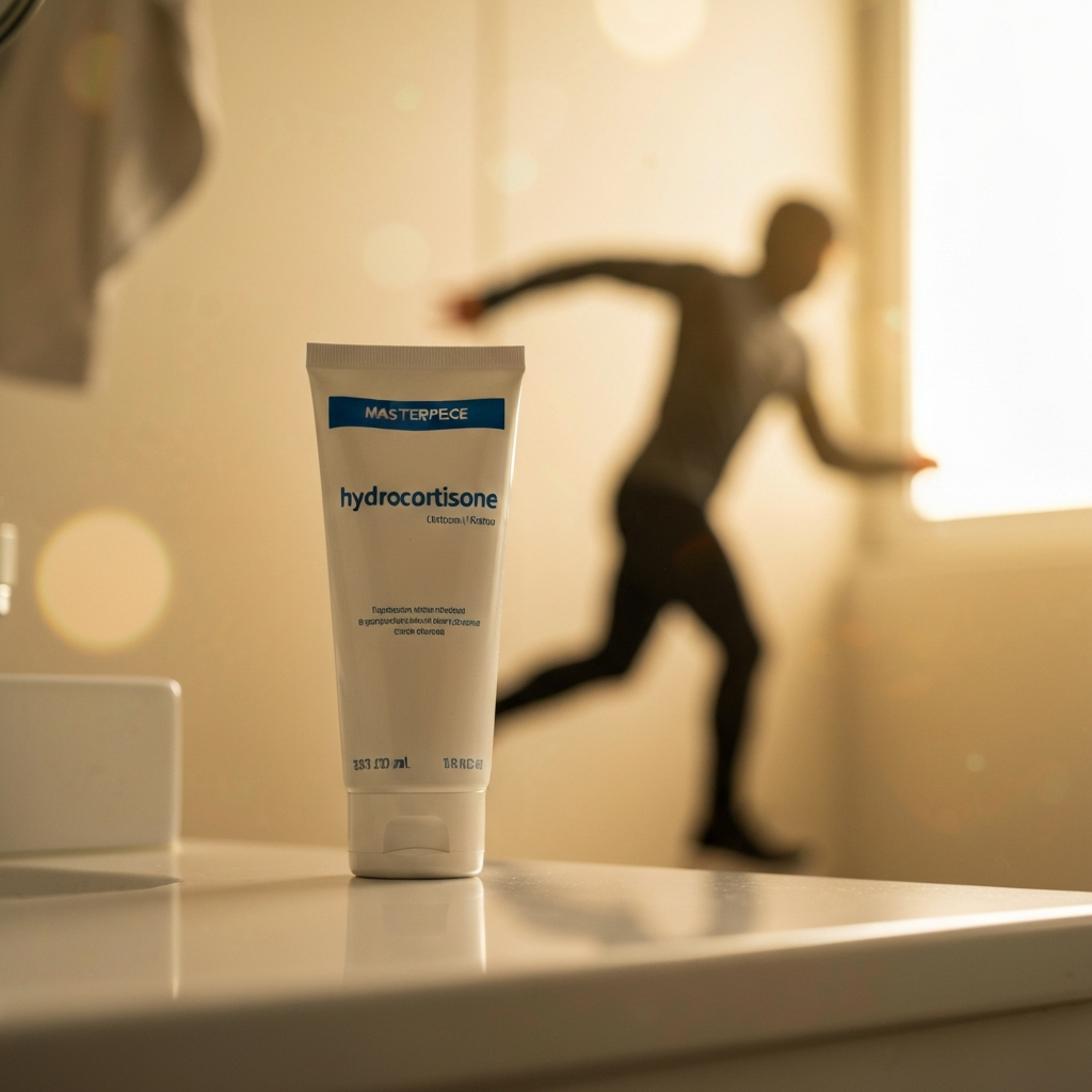 A tube of hydrocortisone cream on a clean bathroom counter. Soft bokeh on the background, highlighting the product label and texture of the tube.