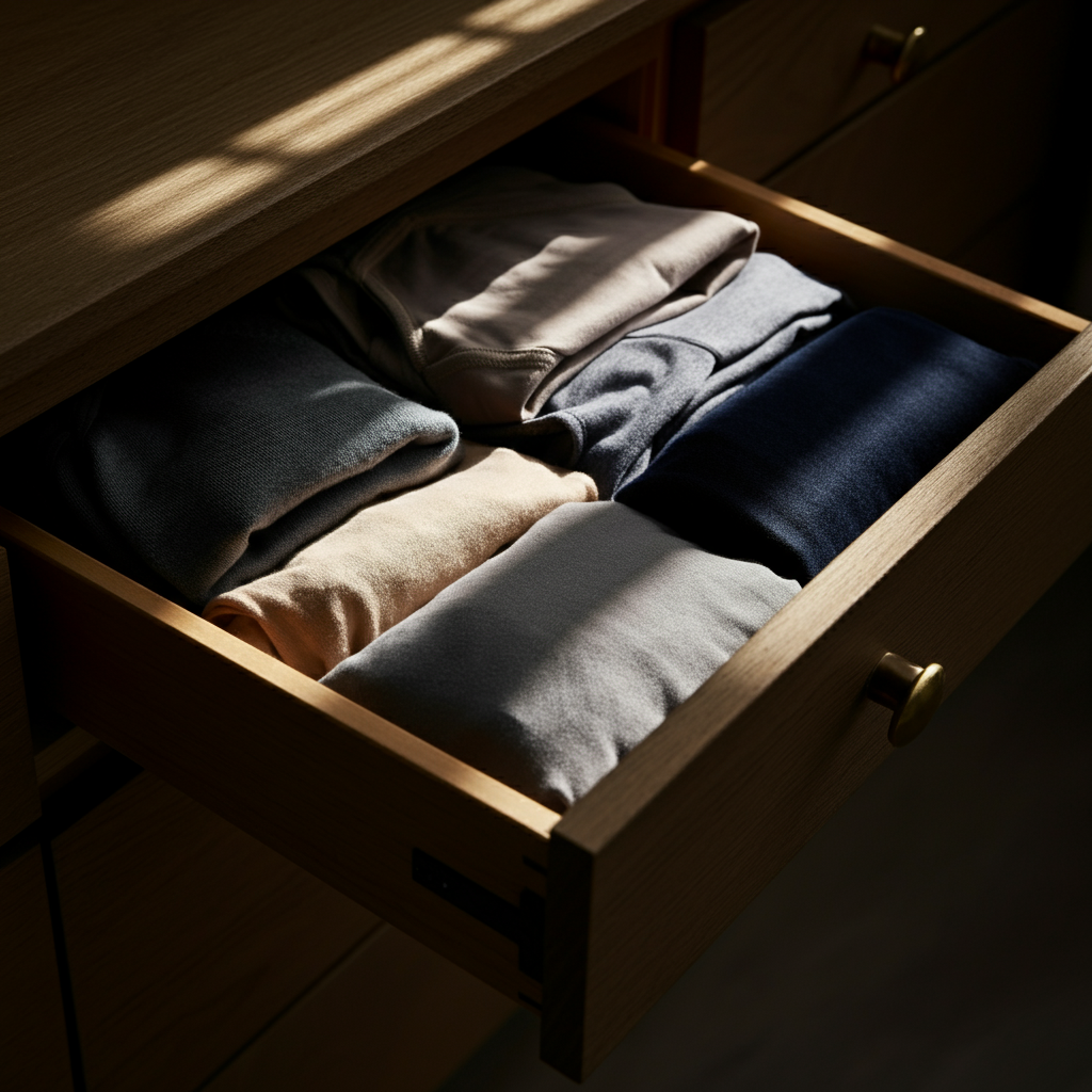 An open drawer filled with neatly folded cotton underwear and loose-fitting pants. Natural light streaming in, illuminating the soft textures of the fabrics.