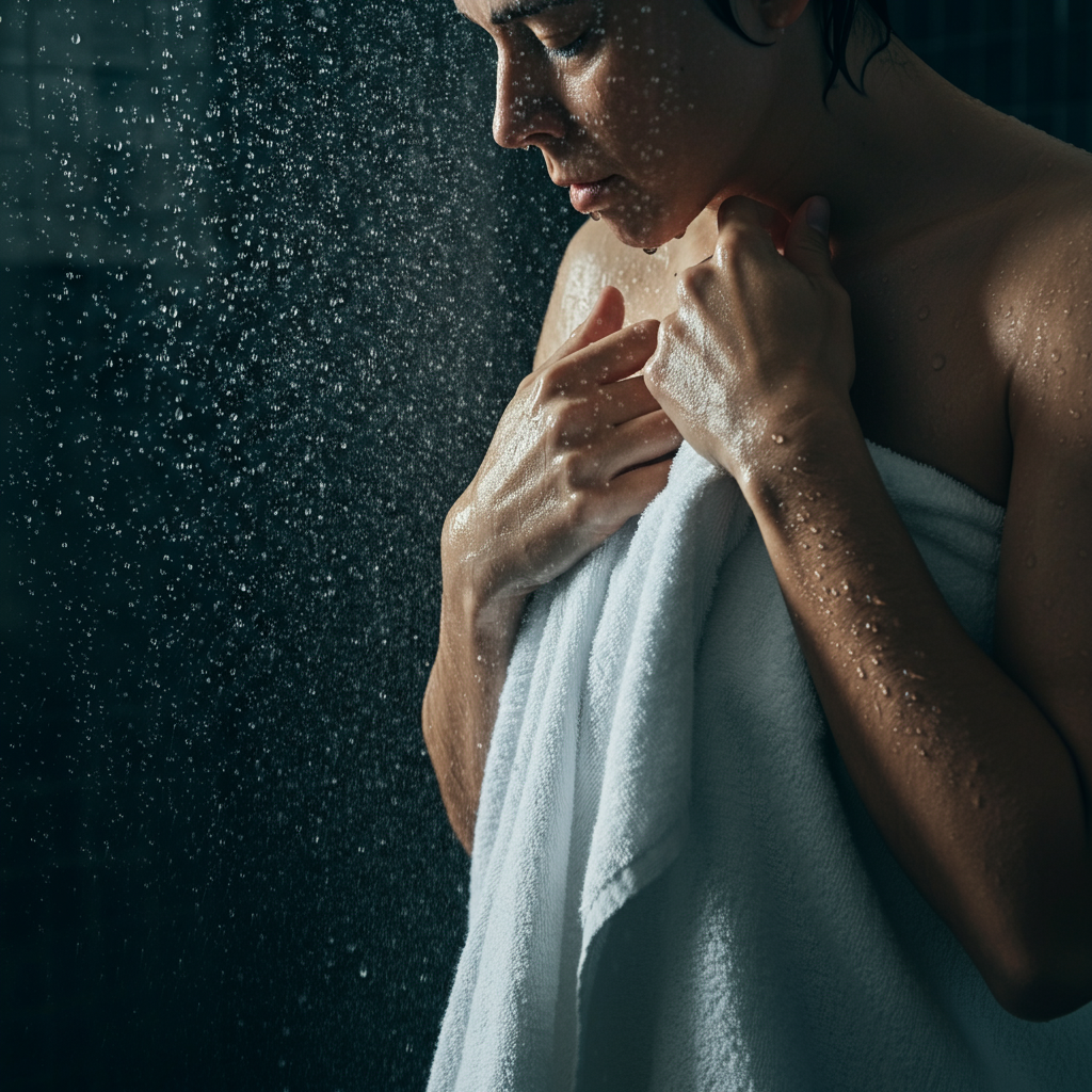A person stepping out of a shower, wrapped in a clean white towel. Focus on the water droplets clinging to the skin and the fresh, clean environment.