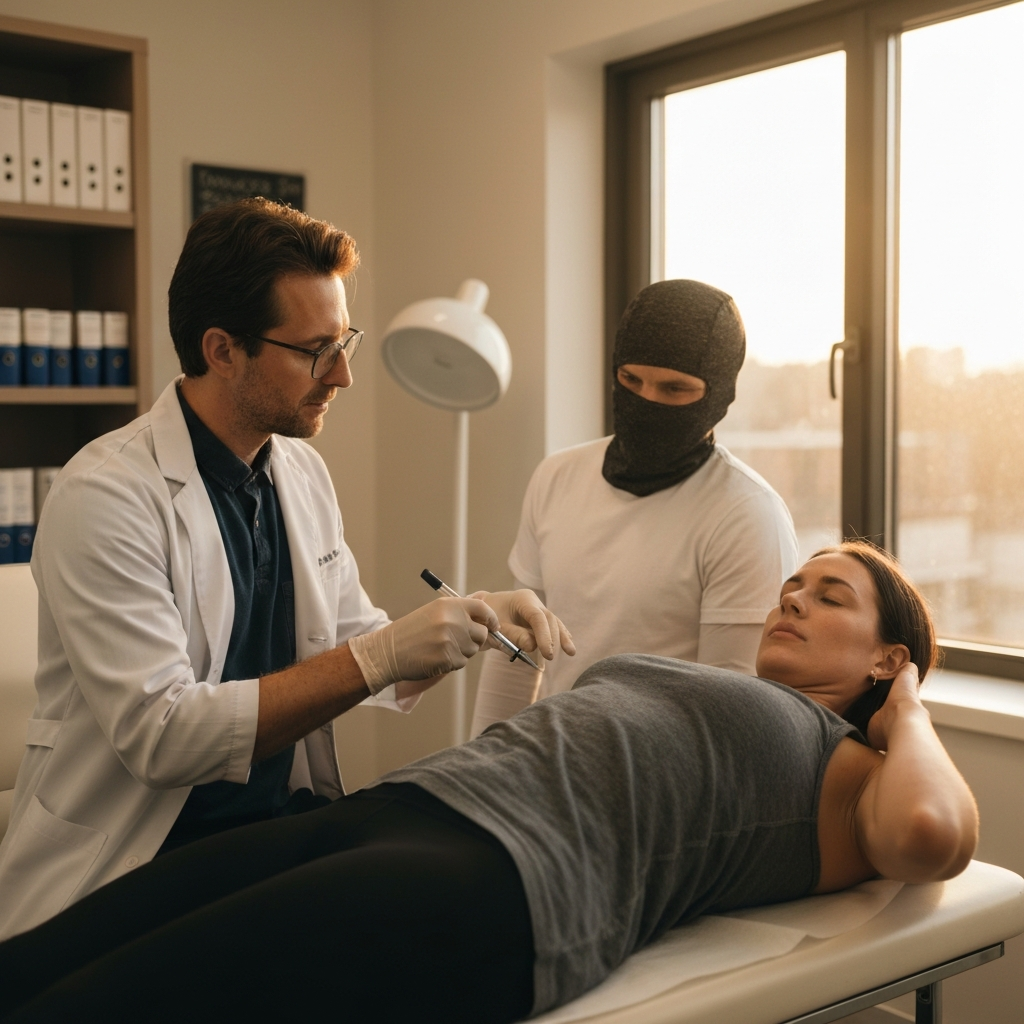 A dermatologist examining a patient's skin in a well-lit clinic. The doctor is wearing medical attire, and the focus is on the professional interaction.