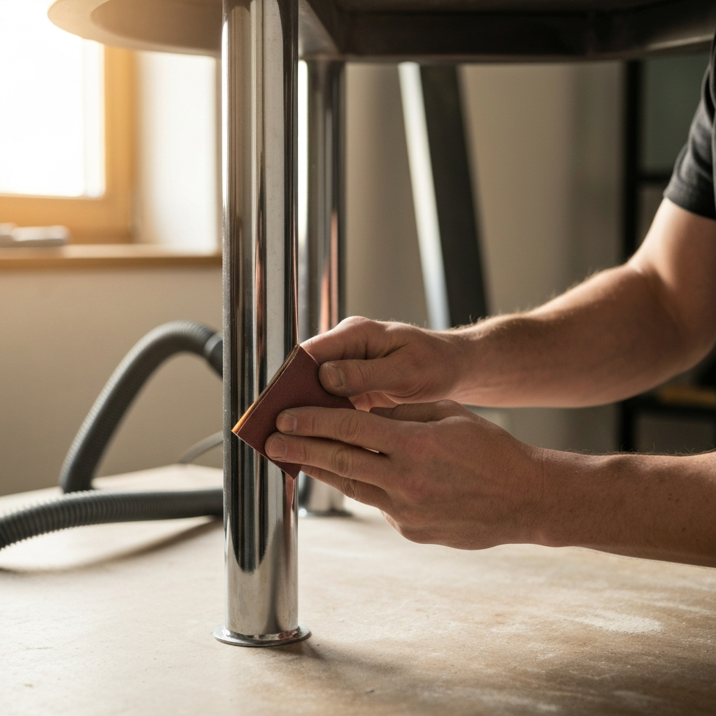 Hands sanding the bottom of a metal table leg with fine-grit sandpaper. The metal leg has a shiny chrome finish. A vacuum cleaner hose is visible in the background, ready to collect sanding dust.