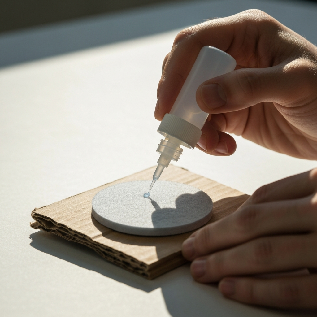 A person applying a small amount of clear adhesive to the back of a round felt pad using a precision applicator bottle. The felt pad is resting on a piece of scrap cardboard. Natural light floods the workspace.