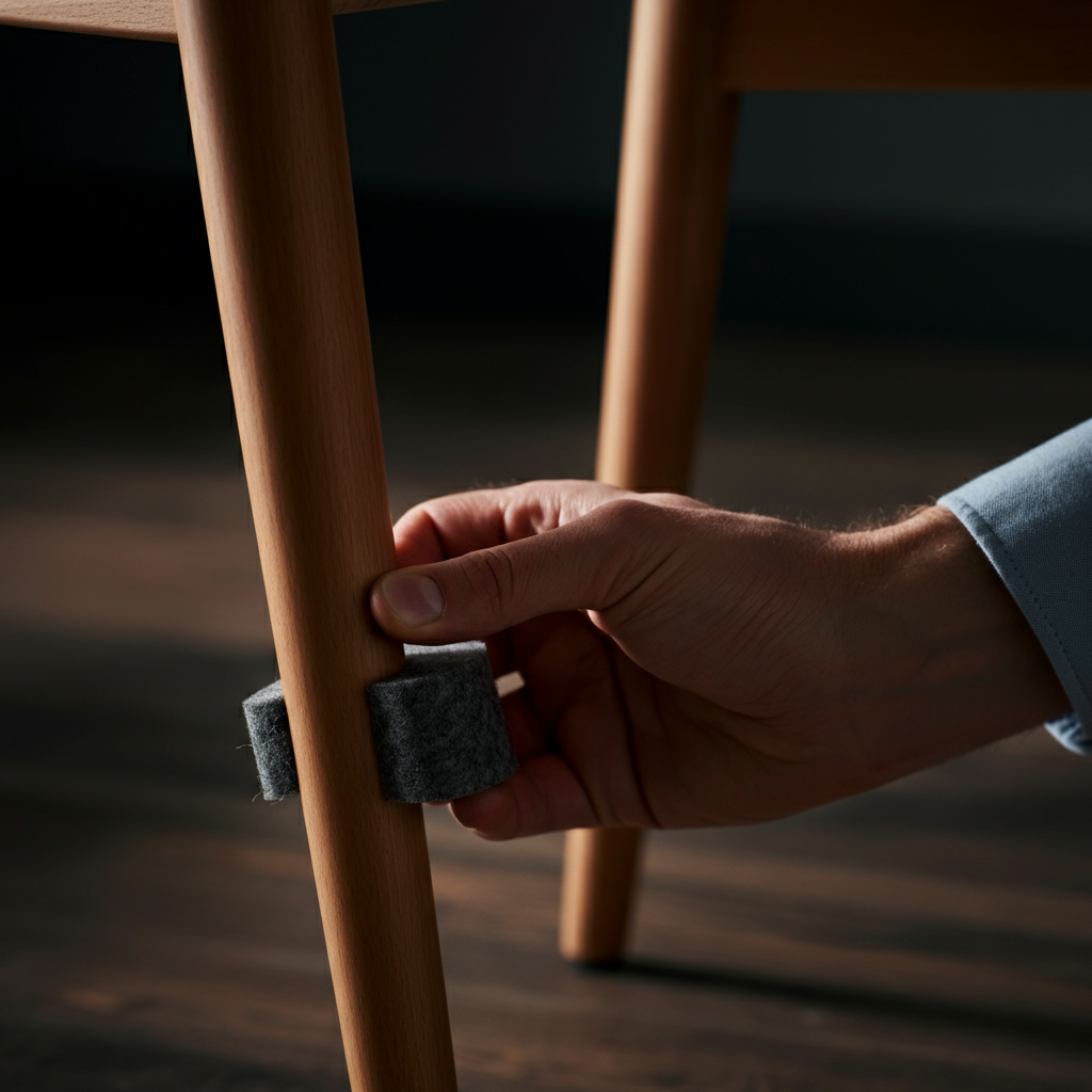 A close-up shot of a hand pressing a felt pad onto the bottom of a wooden chair leg. The chair leg is a natural wood color. Focus is on the pressure being applied to ensure a firm bond. Soft bokeh in the background.