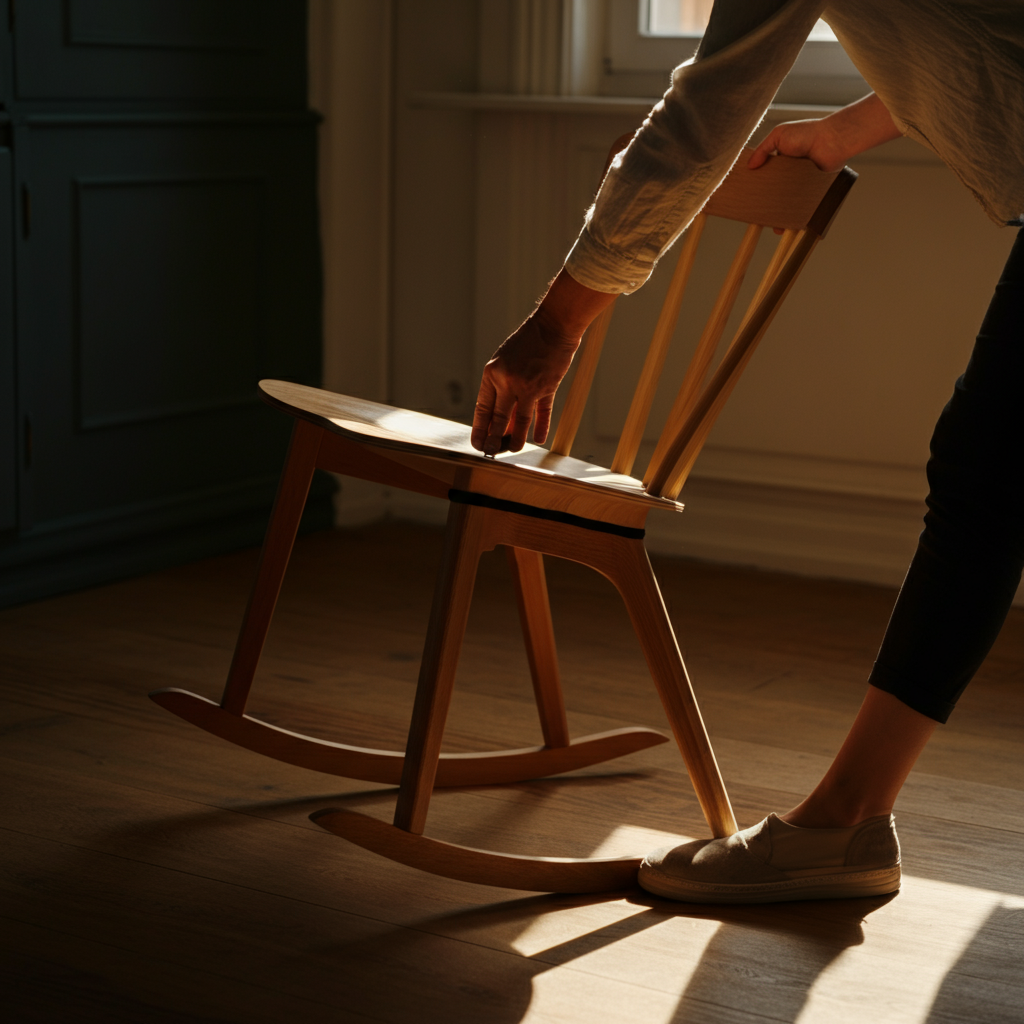A person gently rocking a wooden chair back and forth, testing the stability of the newly attached felt pads. The chair is on a hardwood floor with warm, inviting golden hour lighting.