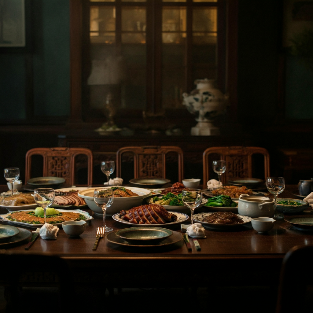 A long dining table is set for a large family dinner. The table is laden with various Chinese dishes, including roast pork, steamed fish, and colorful vegetables. Soft, ambient lighting creates a warm and inviting atmosphere.