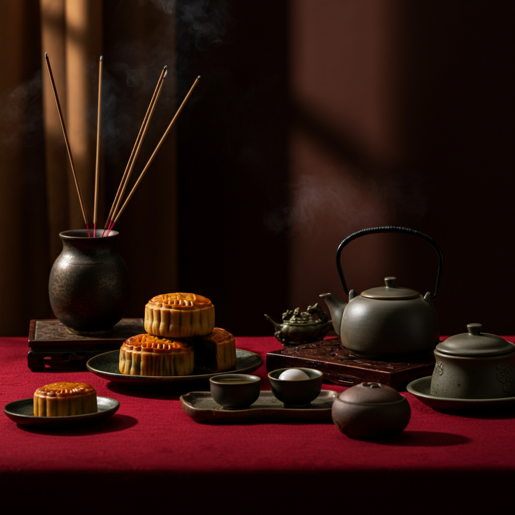 A close-up shot of an honor table. Mooncakes, round fruits, a tea set, and incense sticks are neatly arranged on a red tablecloth. Soft, natural light streams in from a nearby window, illuminating the offerings.