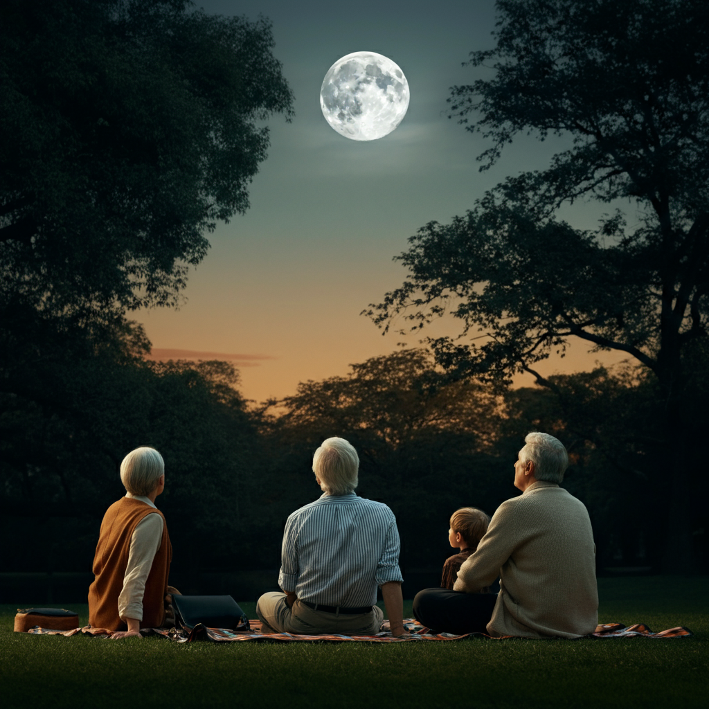 A group of people, young and old, sit on a blanket in a park, gazing up at the full moon. The moon is large and bright in the night sky. Soft, golden hour lighting bathes the scene in a warm glow.