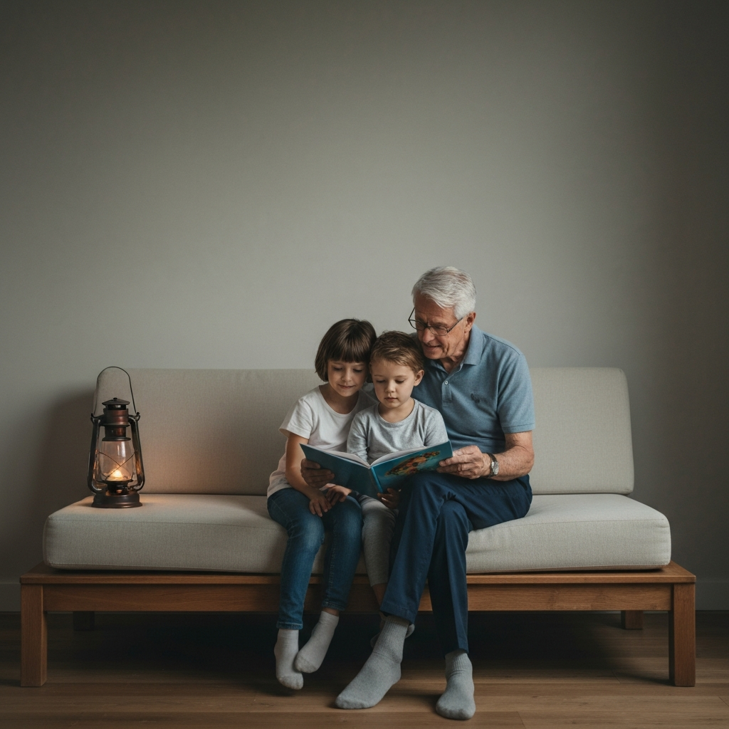 A grandparent sits with a grandchild, reading from a storybook illuminated by the soft glow of a lantern. The scene exudes warmth and affection, with a focus on intergenerational connection.