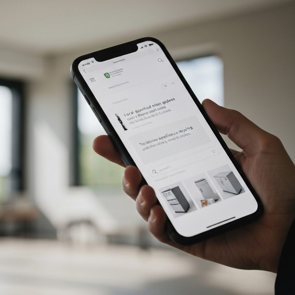 Close-up shot of a hand holding a smartphone displaying a local government website page about appliance recycling. The screen is slightly blurred, focusing on the search bar and the government logo. Soft, ambient lighting.