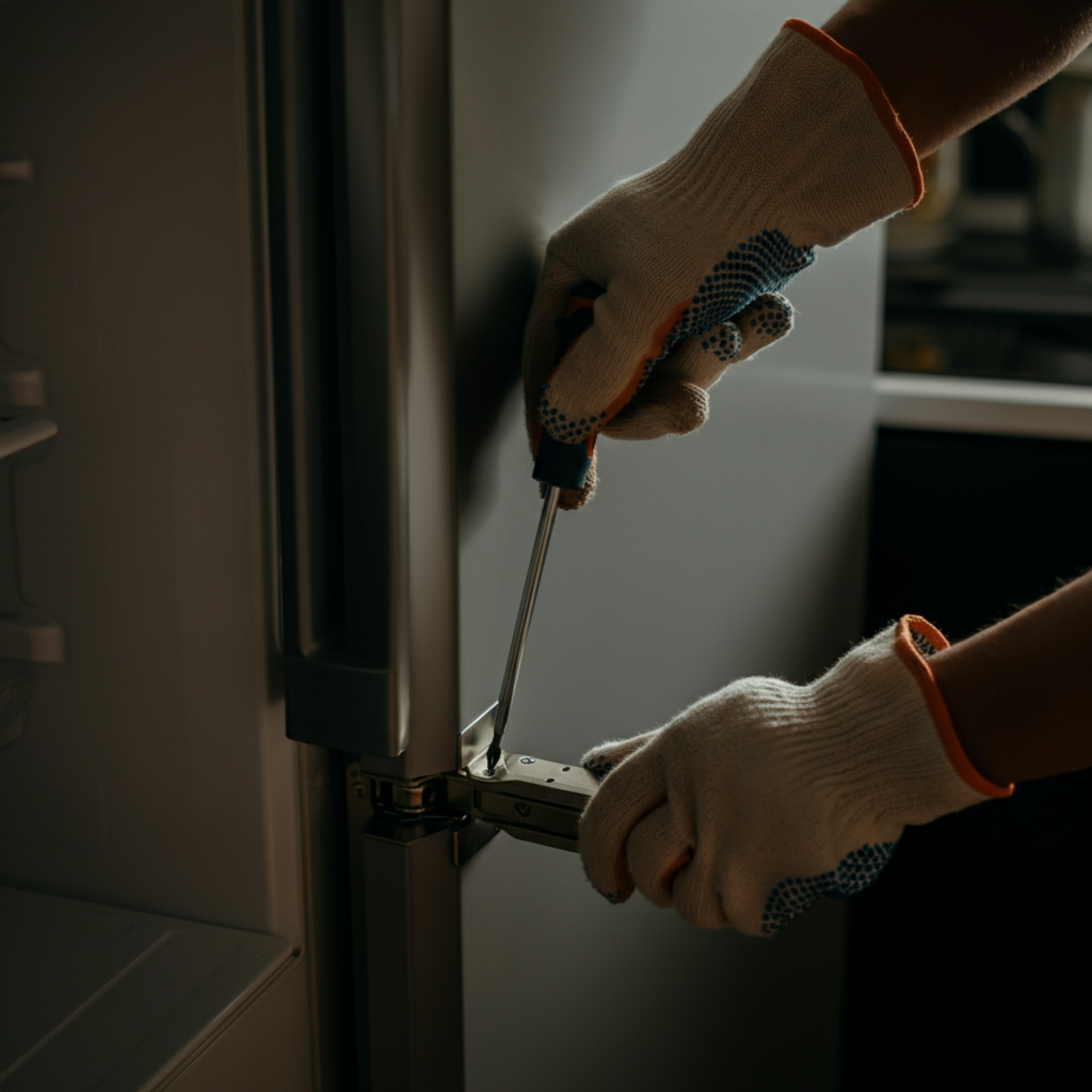 Medium shot of a person using a screwdriver to remove the hinges of a refrigerator door. The door is partially open, and the person is wearing work gloves. Good lighting with a soft focus.