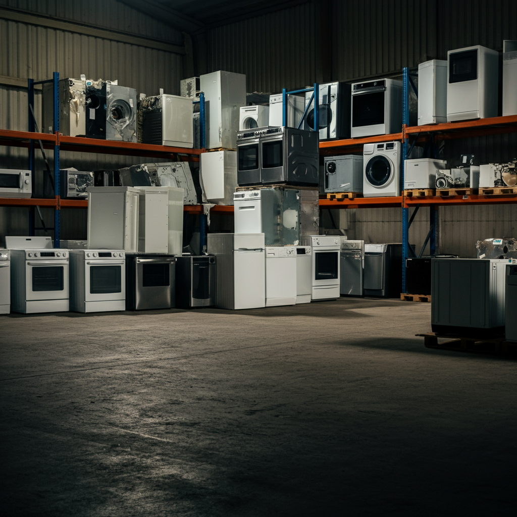 Exterior shot of a large appliance recycling center. Various appliances are visible in the background, neatly stacked and organized. The scene is shot on a sunny day, providing bright, natural lighting.
