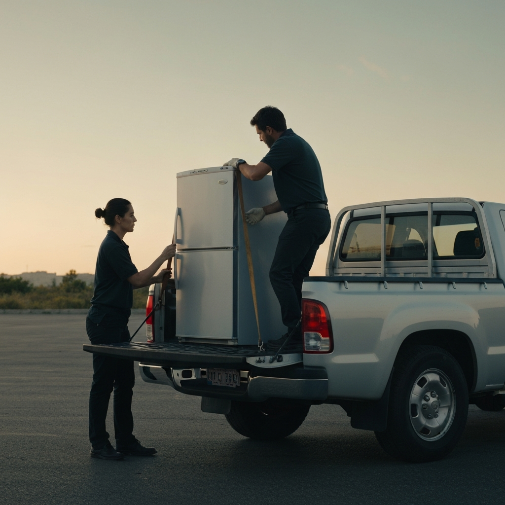 Side shot of a refrigerator being loaded onto the back of a pickup truck. Two people are carefully securing it with straps. The truck is parked on a level surface, and the lighting is bright and even.