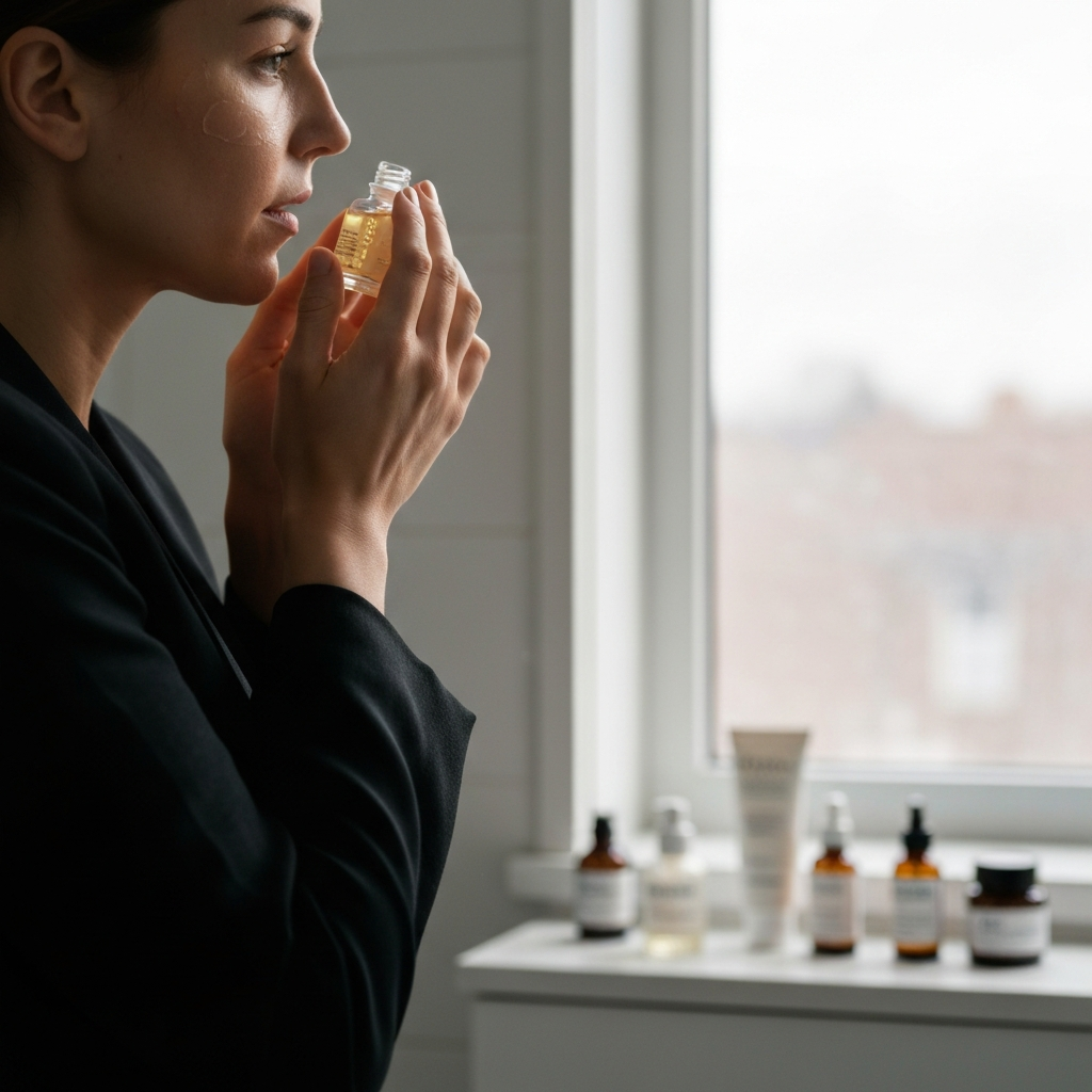 Close-up of a woman's hands gently applying a facial serum to her face. Soft, natural lighting from a nearby window. The background is blurred, showcasing a clean, minimalist bathroom counter with neatly arranged skincare products.