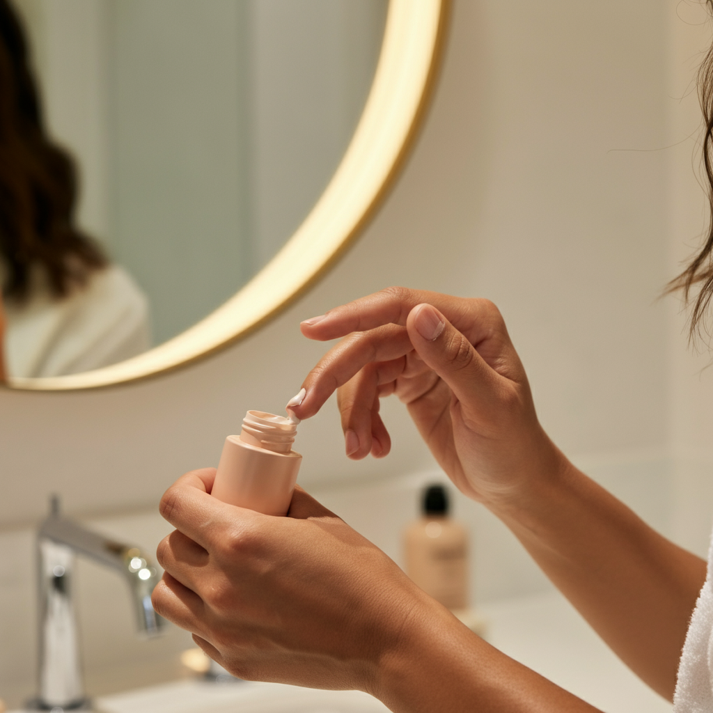A woman applying a light layer of tinted moisturizer with her fingertips in a brightly lit bathroom. The focus is on her hands and the texture of the product as it blends into her skin. Soft bokeh effect in the background showcasing a vanity mirror.