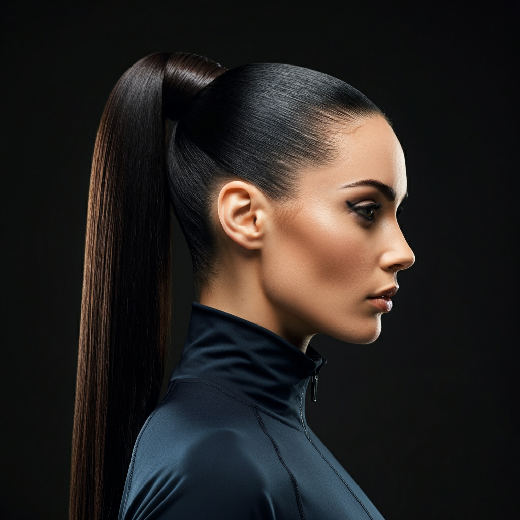 A woman with dark hair styled in a sleek, high ponytail. The lighting is diffused and soft, highlighting the shine of her hair. Her face is slightly turned to the side, showcasing the clean lines of the hairstyle.