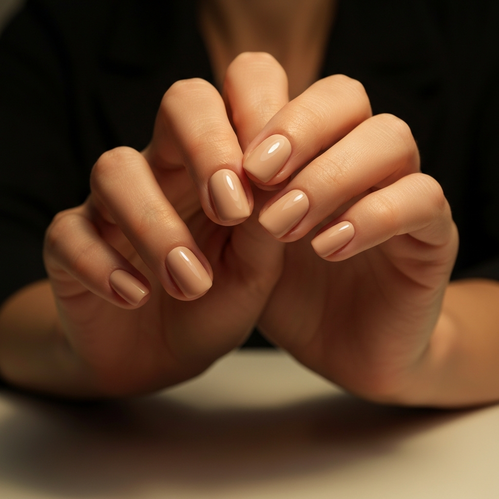 Close-up of a woman's hands with short, neatly manicured nails painted in a neutral beige color. The lighting is warm and inviting, highlighting the smooth texture of her skin. The background is softly blurred.