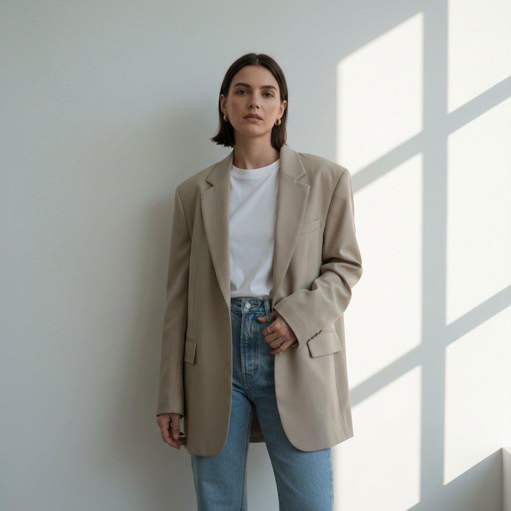 A woman wearing an oversized beige blazer, a white t-shirt, and light wash denim jeans. She is standing in front of a minimalist white wall with natural light streaming in from a window. The composition is balanced and clean.