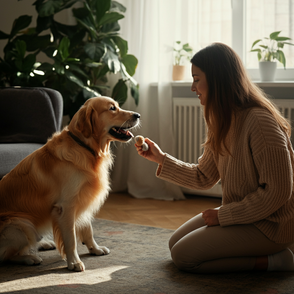 A brightly lit living room. A woman in a comfortable sweater is kneeling on the floor, gently tossing a small plush toy for a playful golden retriever. Soft bokeh of indoor plants in the background. Natural window light highlighting the dog's fur.