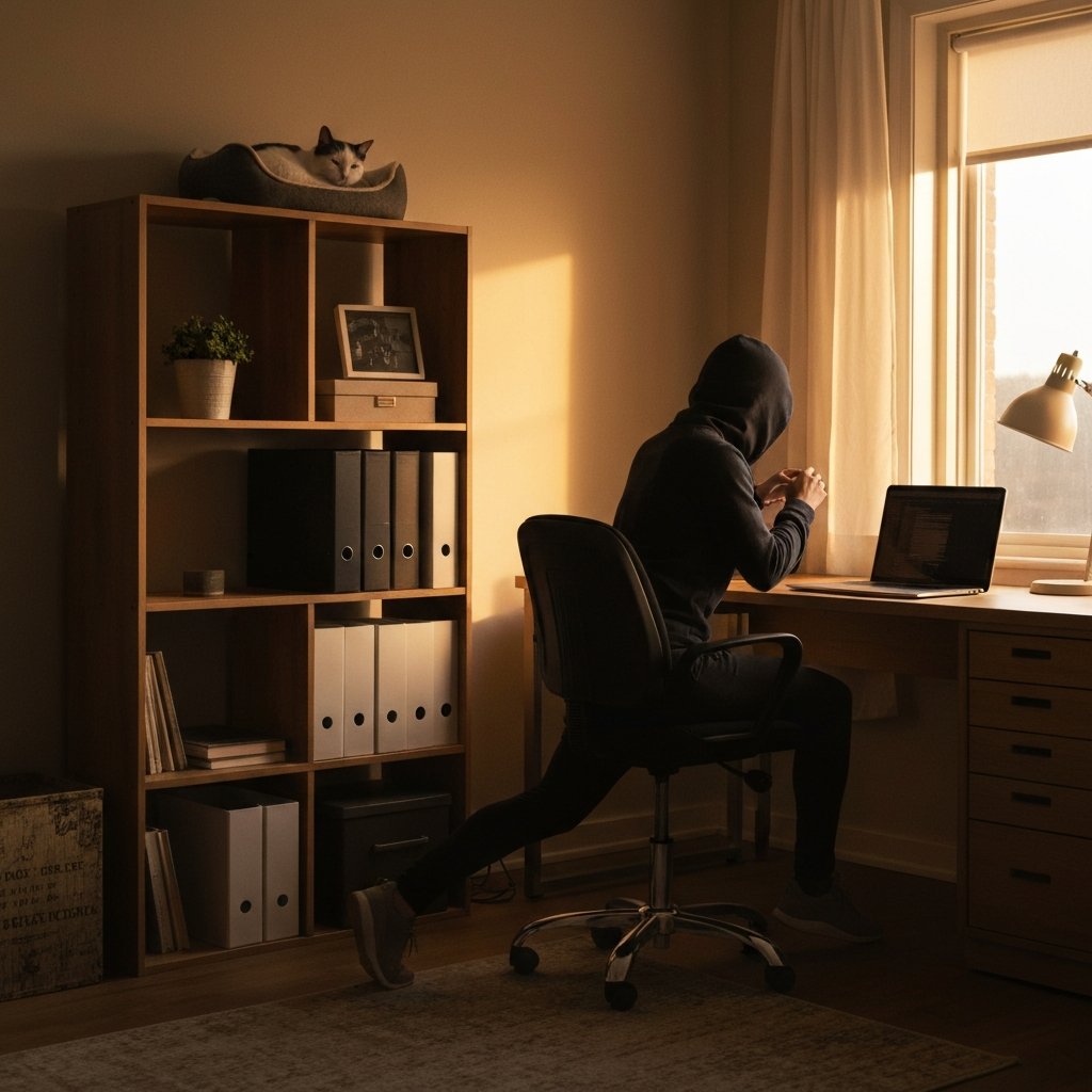 A well-lit home office. A cat is curled up peacefully in a cat bed on a shelf. The room is tidy and organized with warm, inviting lighting. A laptop is open on a nearby desk.