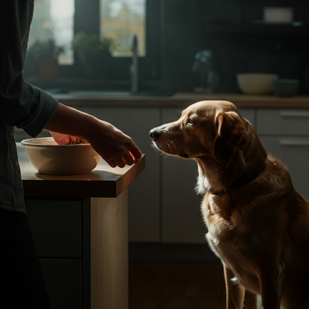 A warmly lit kitchen in the early morning. A person is calmly preparing a bowl of food for a dog. The dog is sitting patiently nearby. Soft, diffused light coming through the window.
