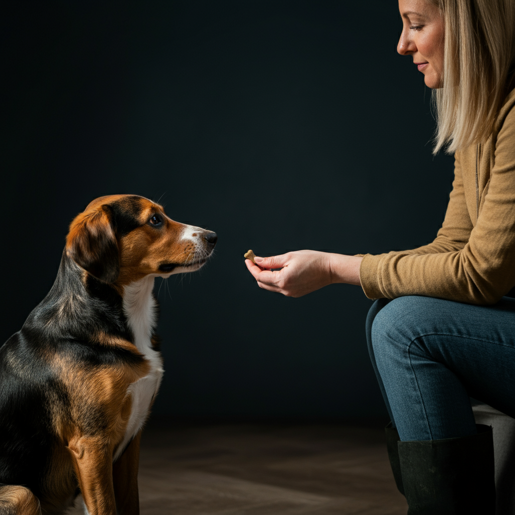 A person is holding out a small training treat to a dog. The dog is sitting attentively. Natural light illuminates the scene, highlighting the detail of the treat and the dog's fur.