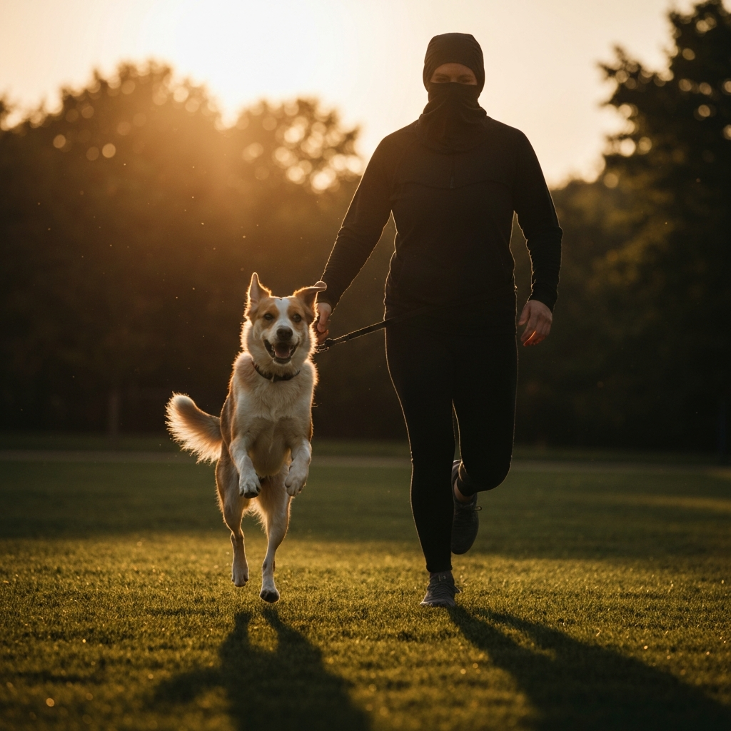 A dog happily running in a park with its owner. Golden hour lighting creates long shadows and warm tones. The dog is mid-leap, full of energy and joy.