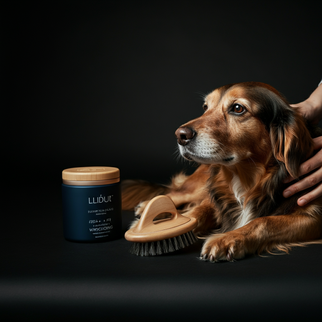 A person gently brushing a dog with a soft brush. The dog appears relaxed and comfortable. Natural light illuminates the scene, highlighting the dog's clean fur.