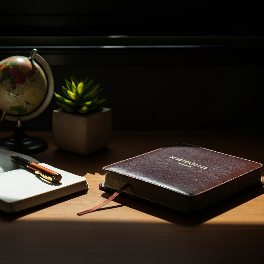 Soft, diffused sunlight illuminates a meticulously organized desk. A leather-bound Bible rests open beside a journal and pen. The backdrop includes a globe and a small potted plant, all creating a sense of studious reflection. The image has a shallow depth of field.