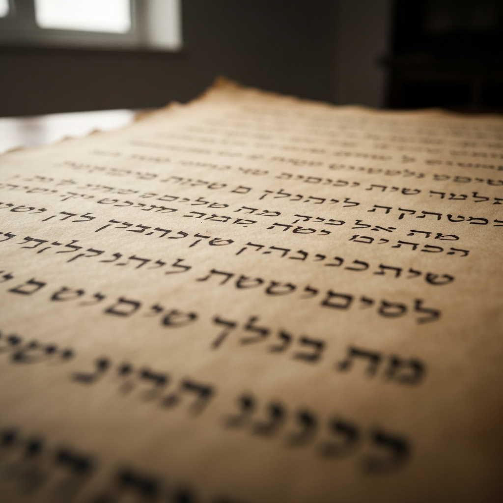 A close-up shot of ancient Hebrew script inscribed on aged parchment. The light is focused and slightly warm, highlighting the texture of the parchment and the precision of the calligraphy.