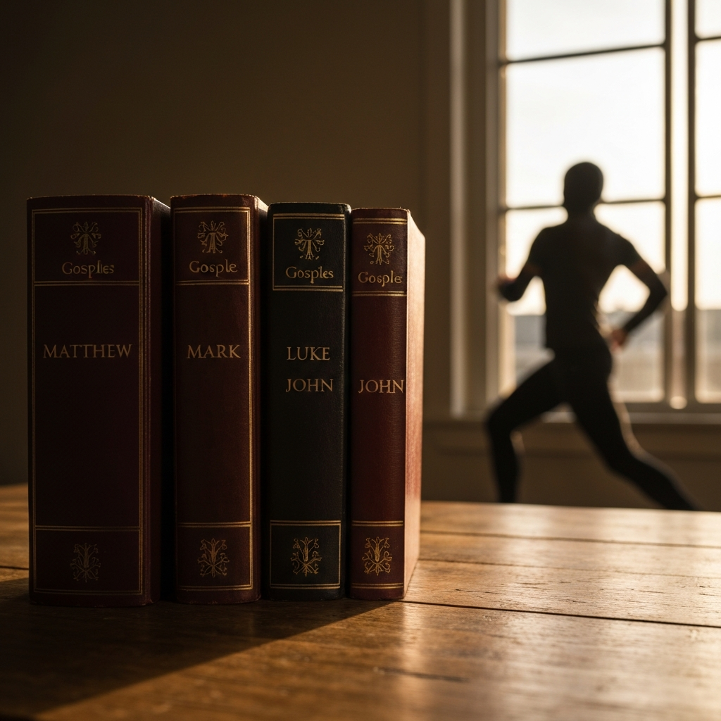 Four vintage books, each representing one of the Gospels (Matthew, Mark, Luke, and John), are stacked neatly on a rustic wooden table. Soft, natural light from a nearby window illuminates the books, casting subtle shadows and creating a warm, inviting atmosphere.