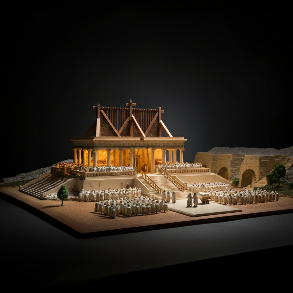 A scale model of the Tabernacle with detailed craftsmanship, placed under even studio lighting. The model is set against a plain background to ensure clarity and focus on its structure and components.