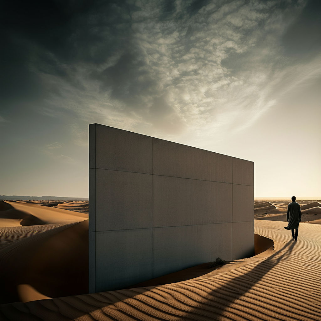 A windswept desert landscape at sunset, with a lone figure silhouetted against the horizon. The sky is filled with dramatic clouds, creating a sense of vastness and solitude.