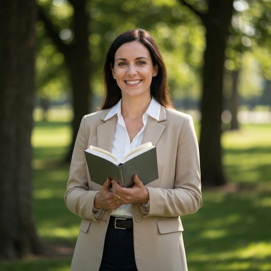 A woman smiling confidently, standing in a sunlit park, holding a book. Soft bokeh background with trees and greenery.