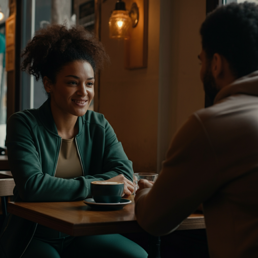Two people sitting at a coffee shop table, engaged in conversation. Soft, warm lighting. One person is leaning slightly forward, making eye contact and smiling.